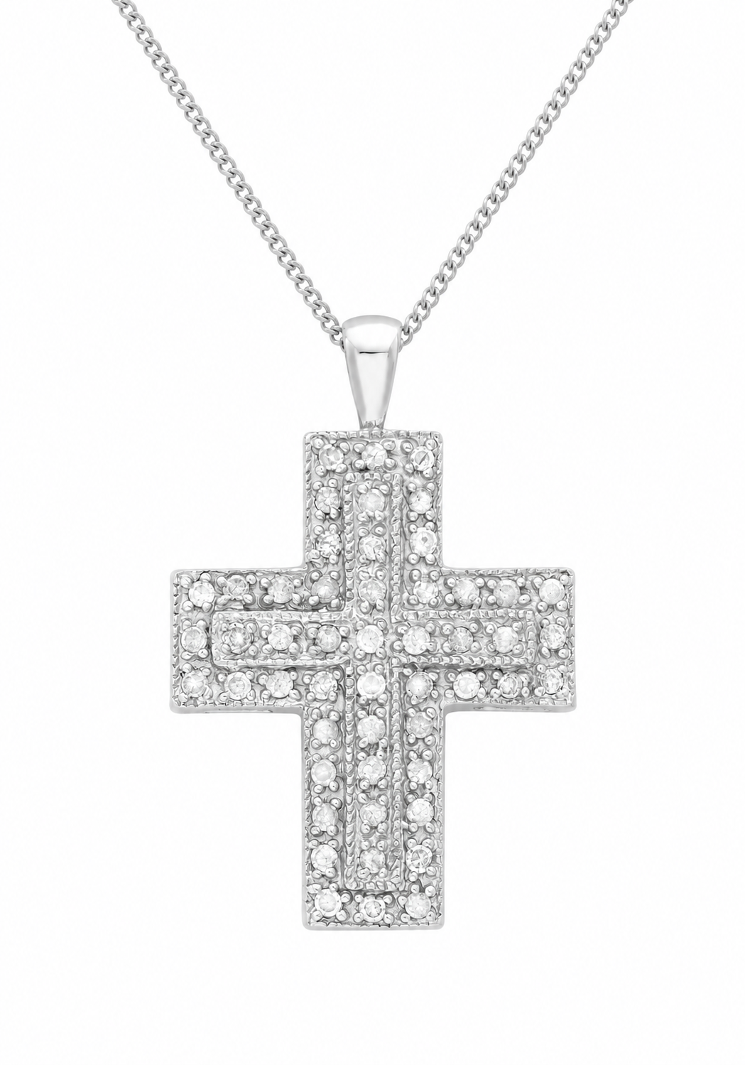 A silver cross pendant necklace paved with clear round stones, hanging from a silver box chain against a plain white background.