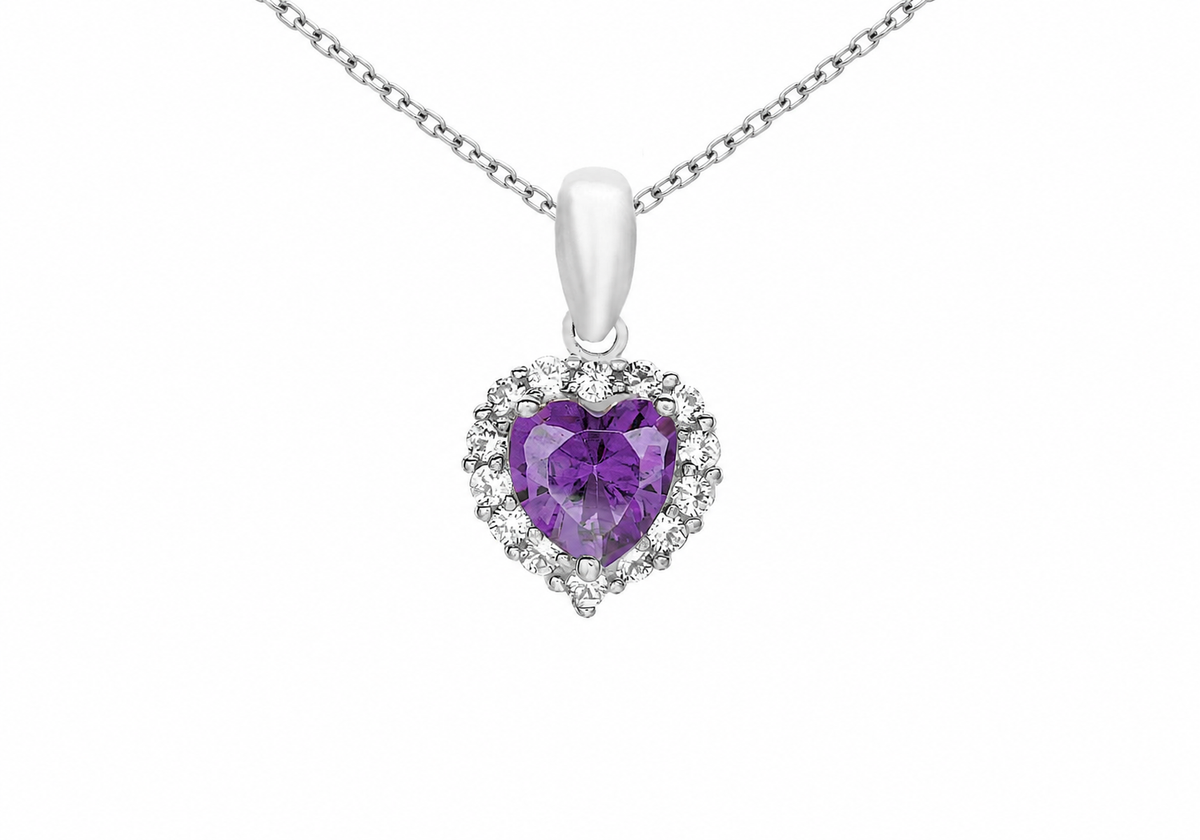 9ct White Gold Amethyst Zirconia Heart Cluster Pendant