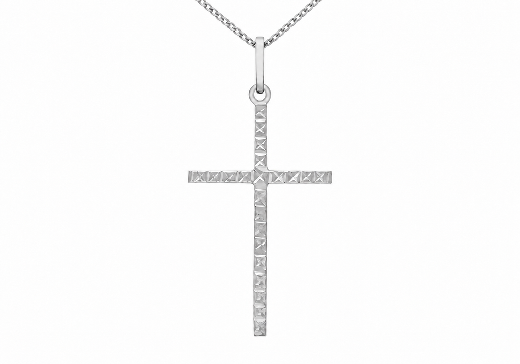 9ct White Gold Diamond-Cut Slim Cross Pendant Necklace