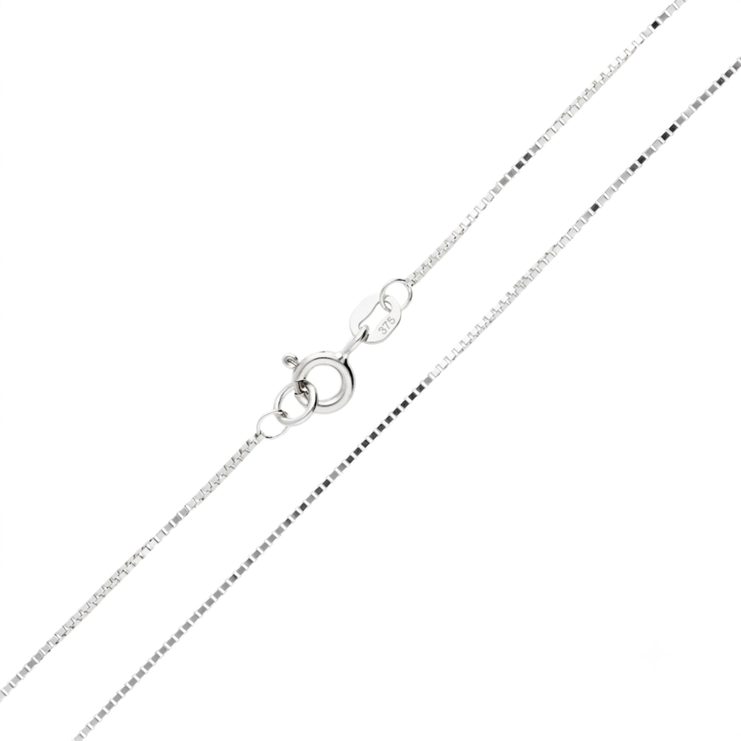 This chain is built from a continuous run of small square box links, each one uniform in size and polished to a bright finish. At 15 gauge it's genuinely fine — light enough to layer under a pendant without adding bulk of its own, and finished smooth enough that it sits flat against the skin rather than twisting. It fastens with a spring ring clasp, marked with the 375 hallmark confirming 9ct gold.

Details:

9ct white gold
15 gauge box chain, polished finish
Spring ring clasp