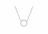 A silver-tone necklace featuring a circular pendant bordered with small clear stones, displayed on a plain white background.