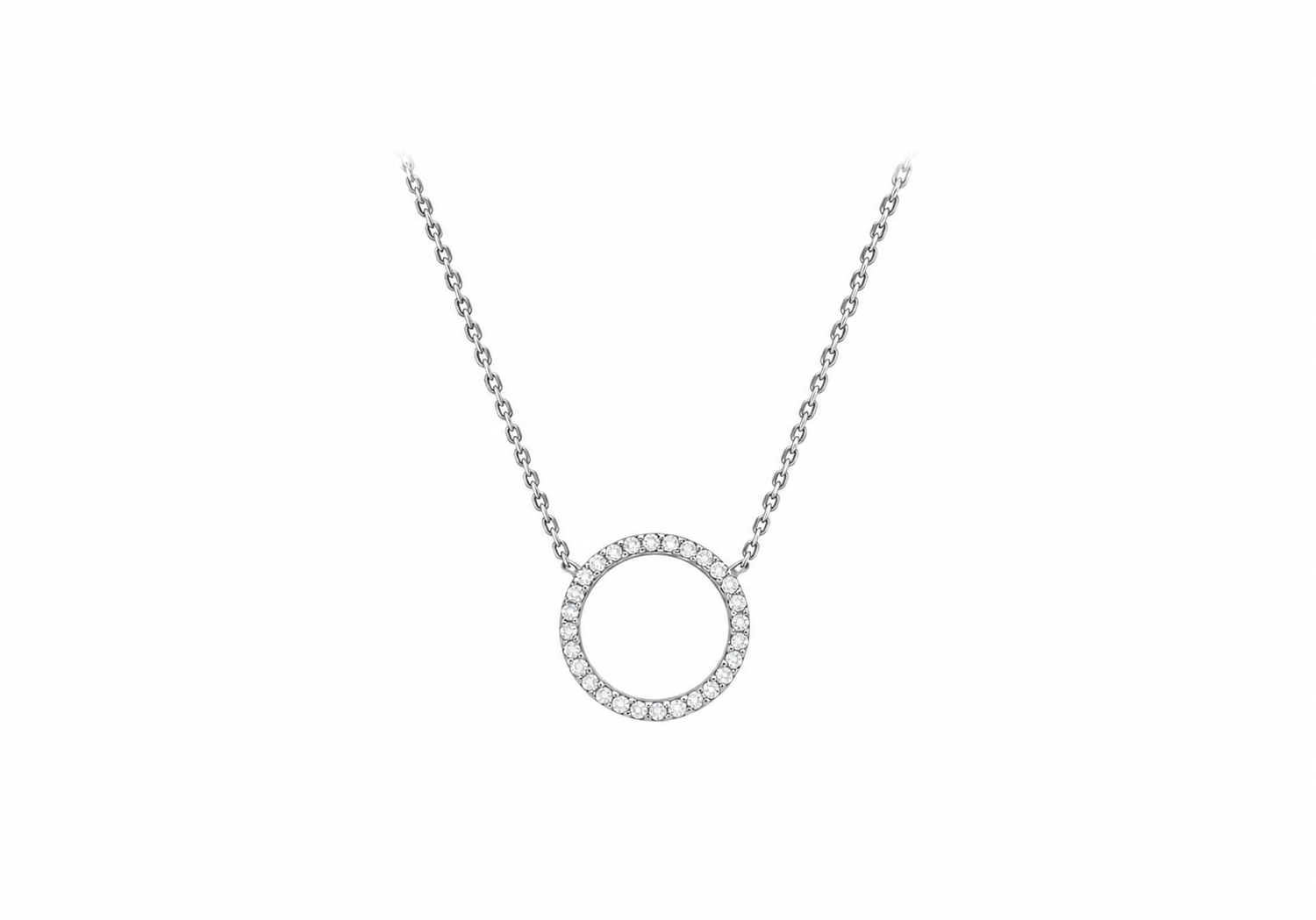 A silver-tone necklace featuring a circular pendant bordered with small clear stones, displayed on a plain white background.