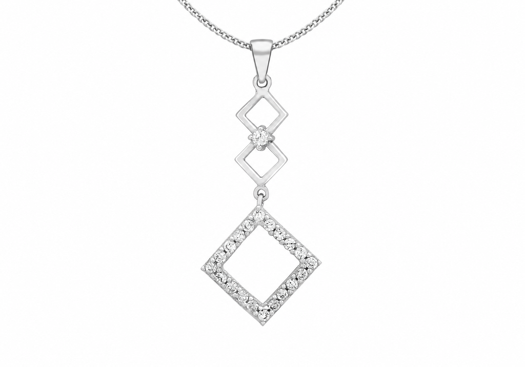 9ct White Gold Zirconia Geometric Openwork Drop Pendant