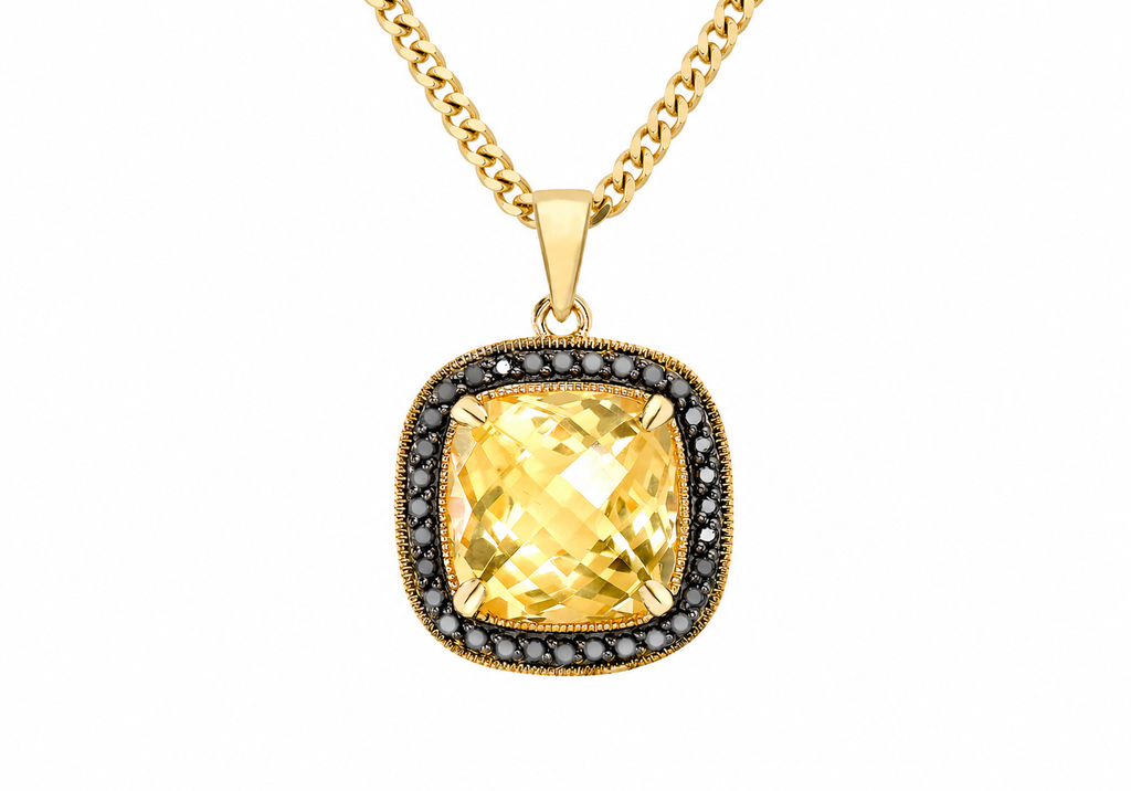 9ct Yellow Gold 0.14ct Black Diamond Cushion Cut Citrine Pendant