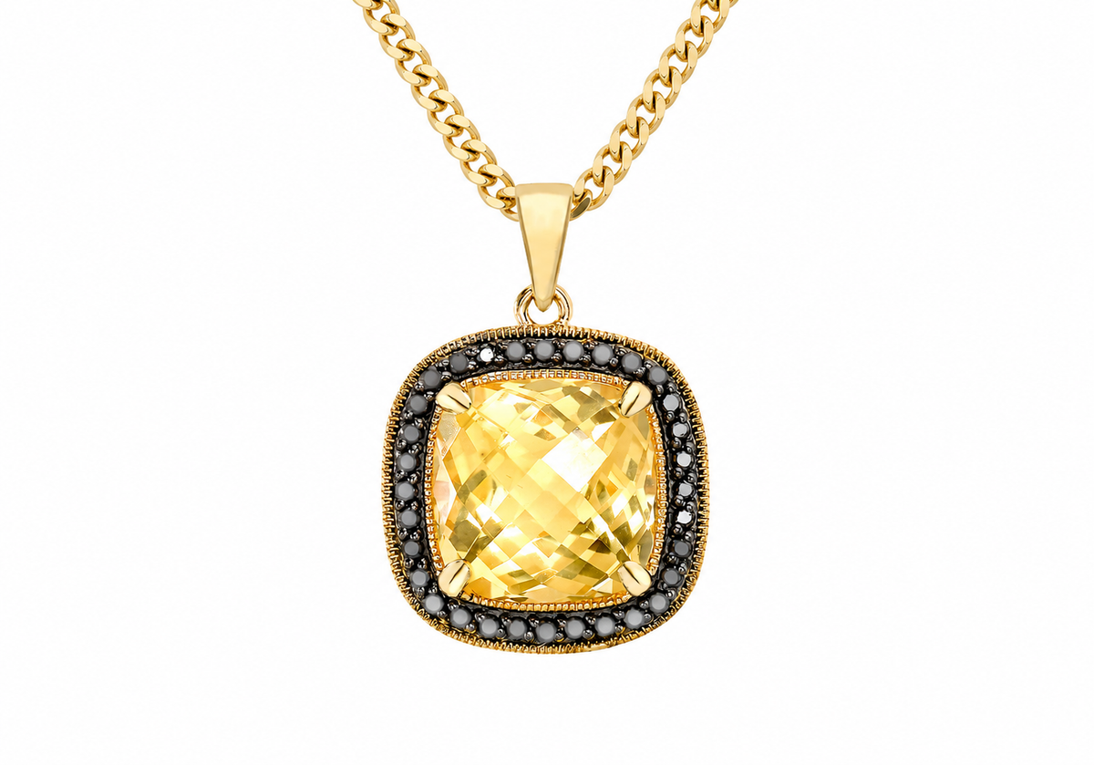 9ct Yellow Gold 0.14ct Black Diamond Cushion Cut Citrine Pendant