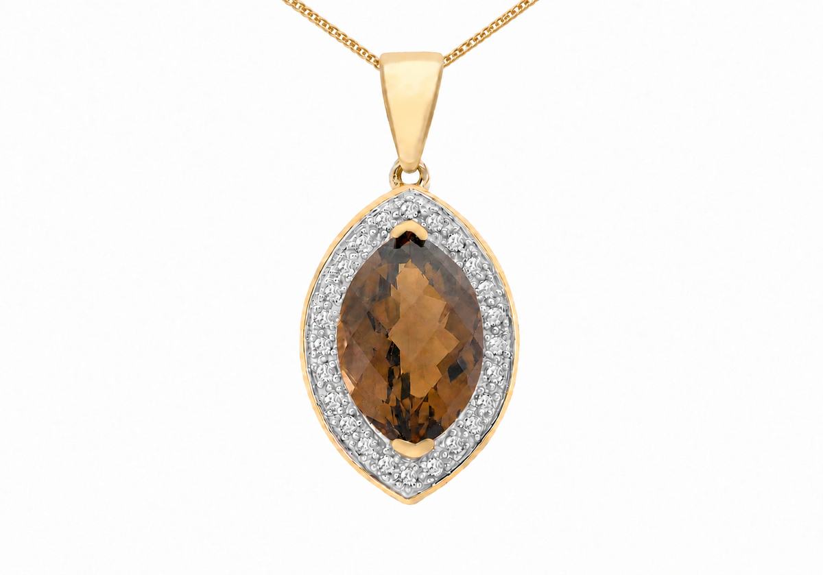 9ct Yellow Gold 0.15ct Diamond & Smokey Quartz Marquise Pendant