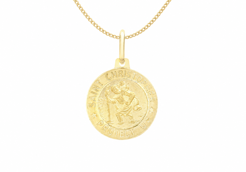 A gold Saint Christopher pendant necklace on a delicate gold chain, shown against a plain white background.