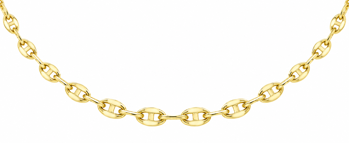 A gold chain necklace featuring a repeating pattern of interlocking oval links with smaller center links, shown against a plain white background.