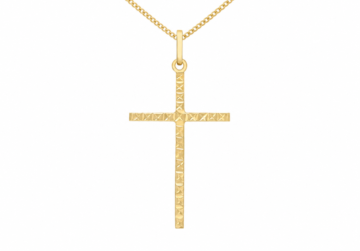 9ct Yellow Gold Diamond-Cut Slim Cross Pendant Necklace