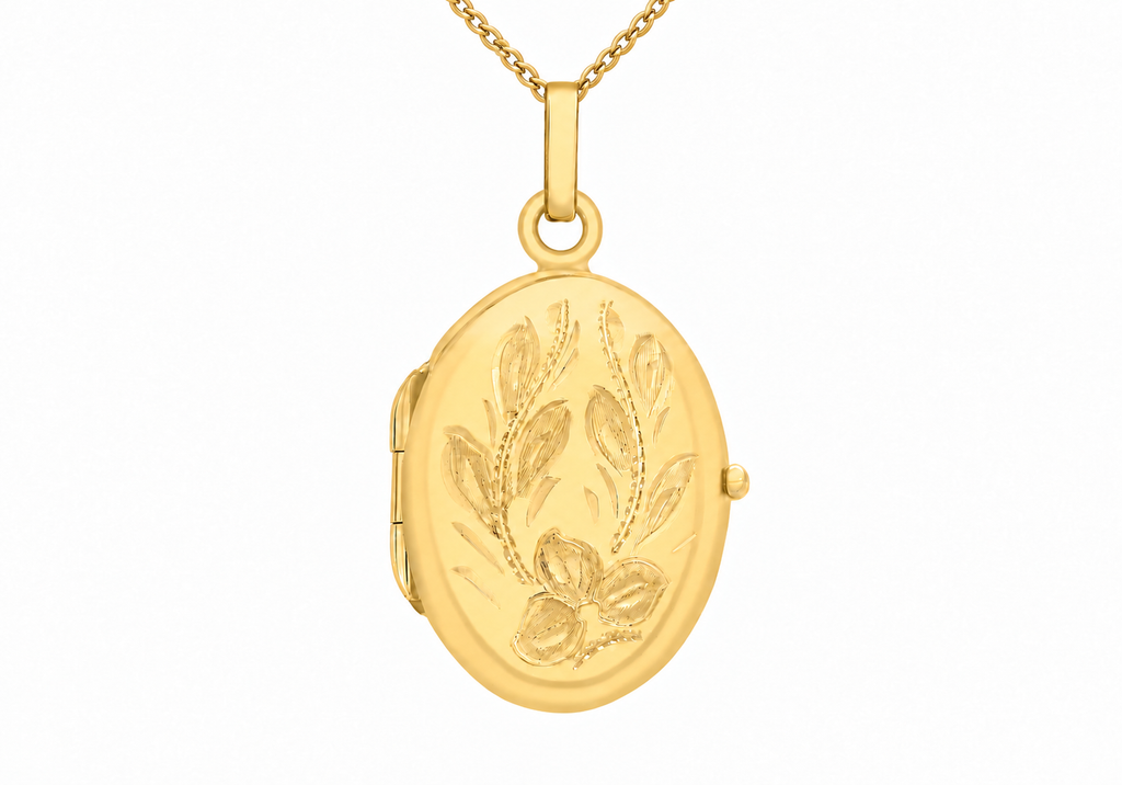 9ct Yellow Gold Etched Flower Oval Locket