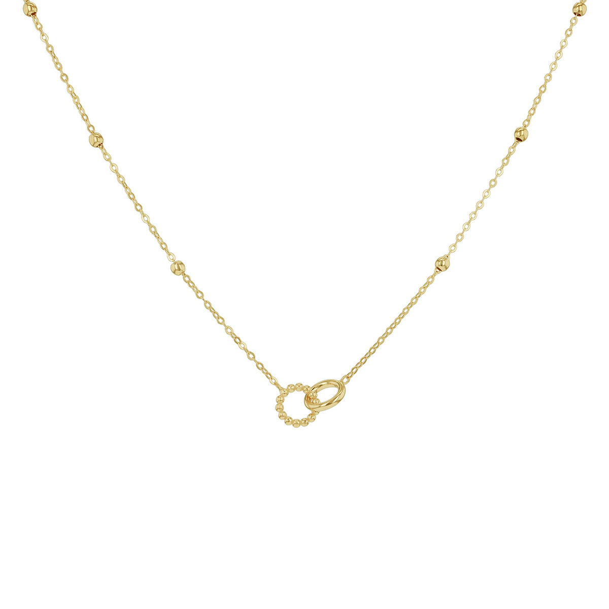 A delicate yellow gold chain necklace featuring small bead accents along the chain and a central double interlocking ring pendant, shown against a plain white background.

Details