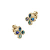 A pair of gold four-petal flower stud earrings with iridescent abalone shell inlays, shown on a plain white background.