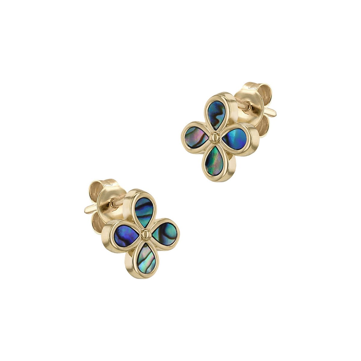 A pair of gold four-petal flower stud earrings with iridescent abalone shell inlays, shown on a plain white background.