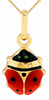 A gold ladybug pendant necklace with red and black enamel details, shown on a white background.