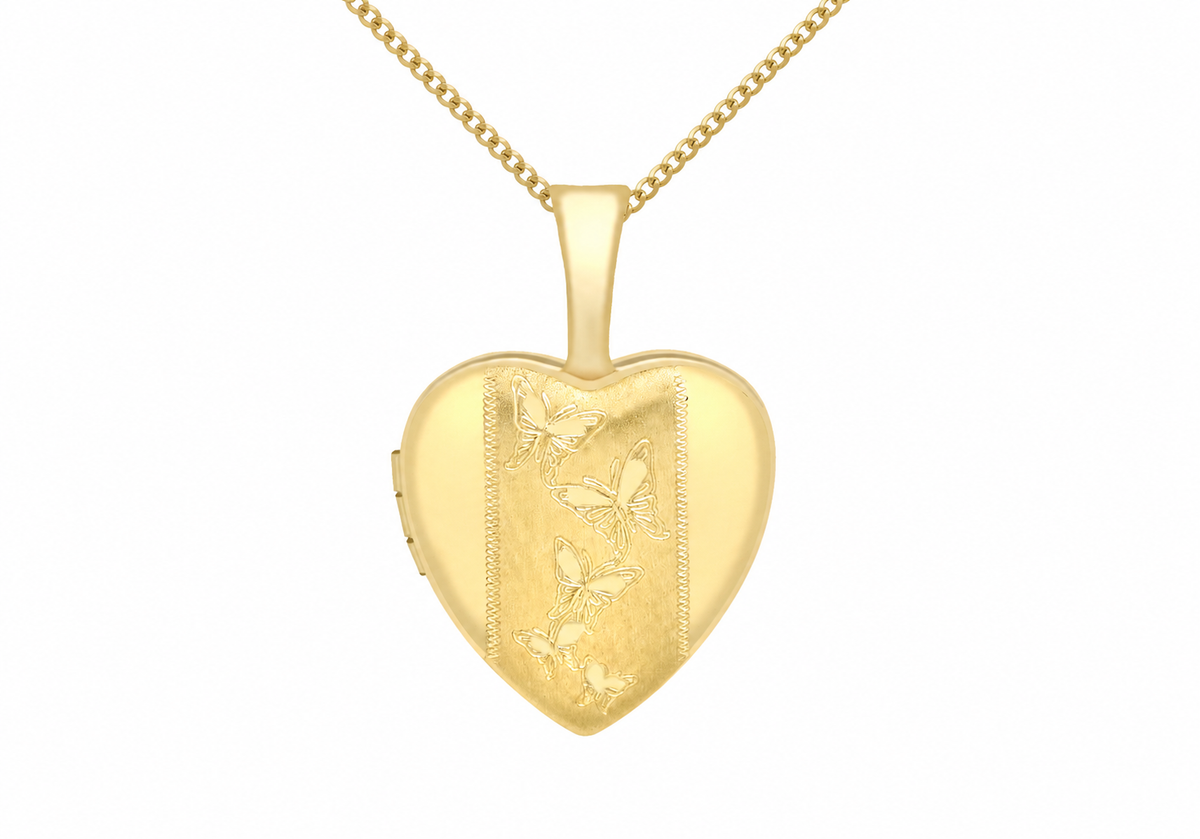 9ct Yellow Gold Small Etched Butterfly Detail Heart Locket