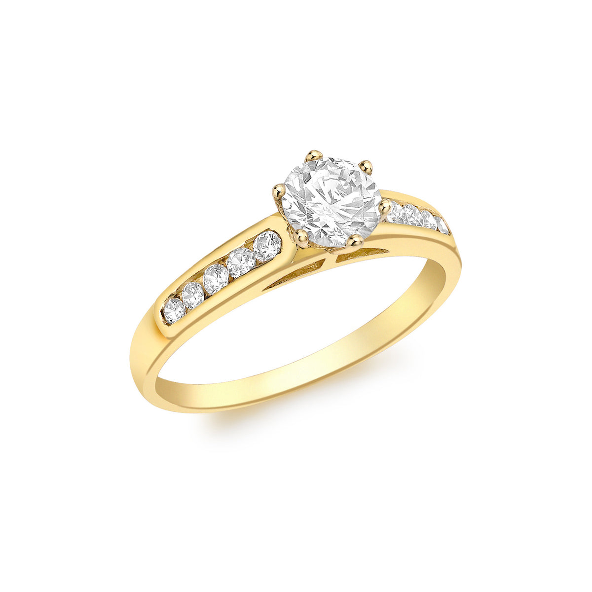 A yellow gold engagement ring featuring a round-cut clear center stone and a pavé band with small clear stones, shown on a plain white background.