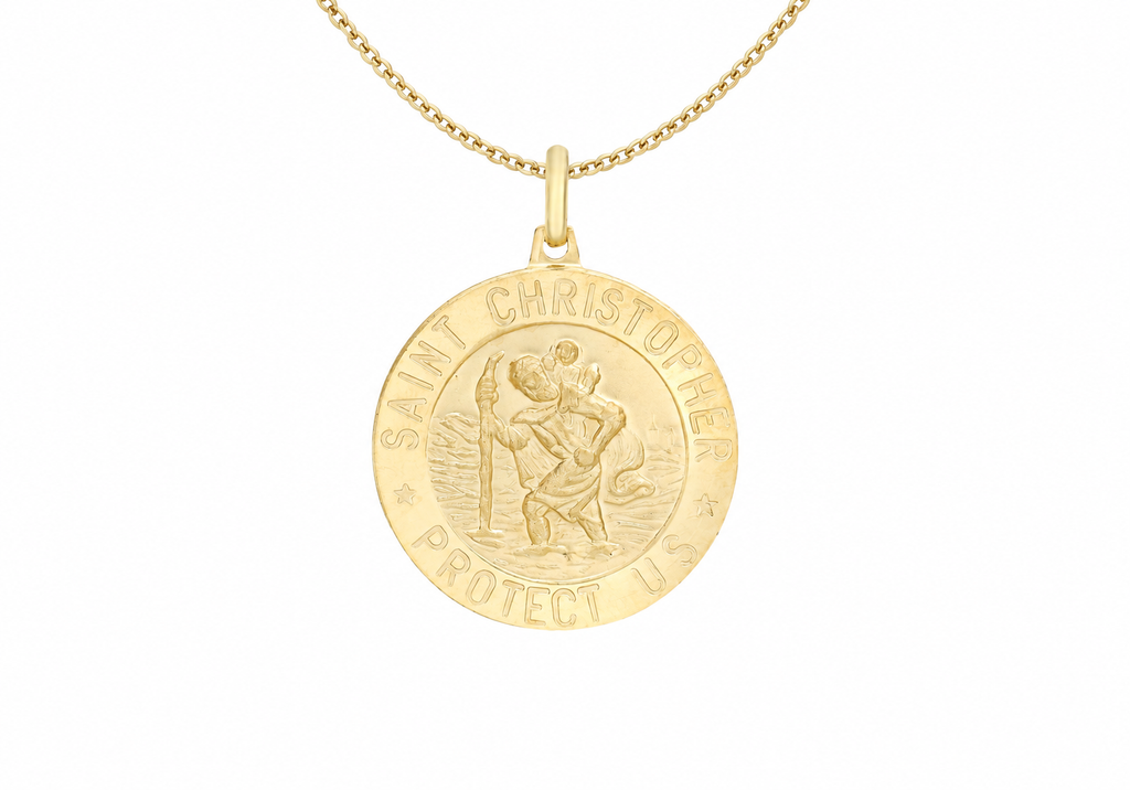 A gold Saint Christopher medal pendant necklace on a delicate gold chain, shown against a plain white background.