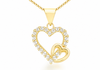 A gold pendant necklace featuring two interlocking open hearts, one adorned with small clear stones, on a white background.