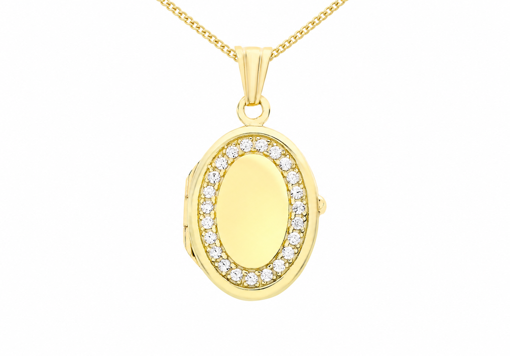 9ct Yellow Gold & White Zirconia Oval Locket Pendant