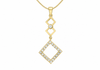 A gold pendant necklace featuring two interlocking diamond-shaped links with a small clear gemstone at the center, and a larger diamond-shaped pendant below outlined with a row of clear stones, shown on a white background.