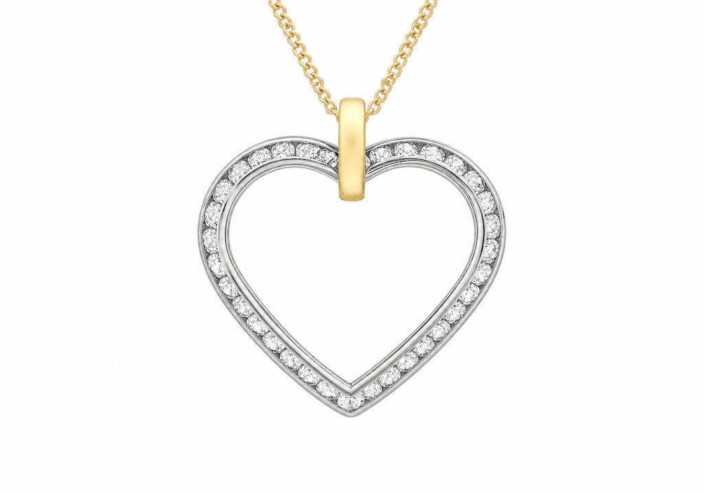 A heart-shaped open pendant necklace featuring a silver-toned outer border paved with small clear stones and a polished yellow gold top bar and chain, shown on a plain white background.