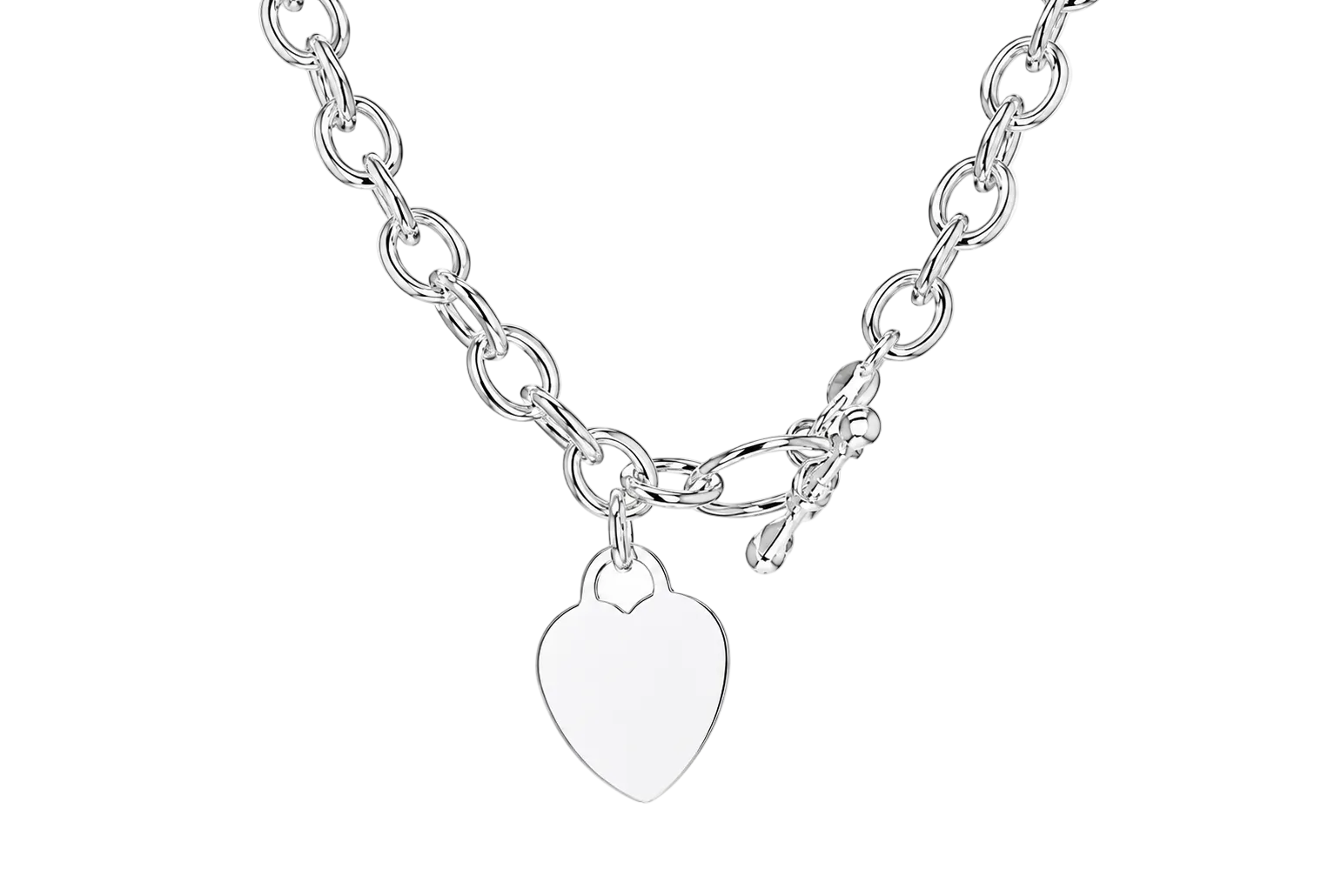 A silver-toned chain necklace with a small, polished heart-shaped pendant, displayed against a clean white background.