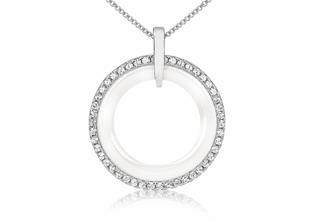 Sterling Silver White Ceramic & White Zirconia Halo Circle Pendant