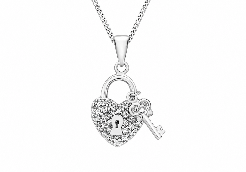 9ct White Gold Zirconia Heart Padlock & Key Pendant