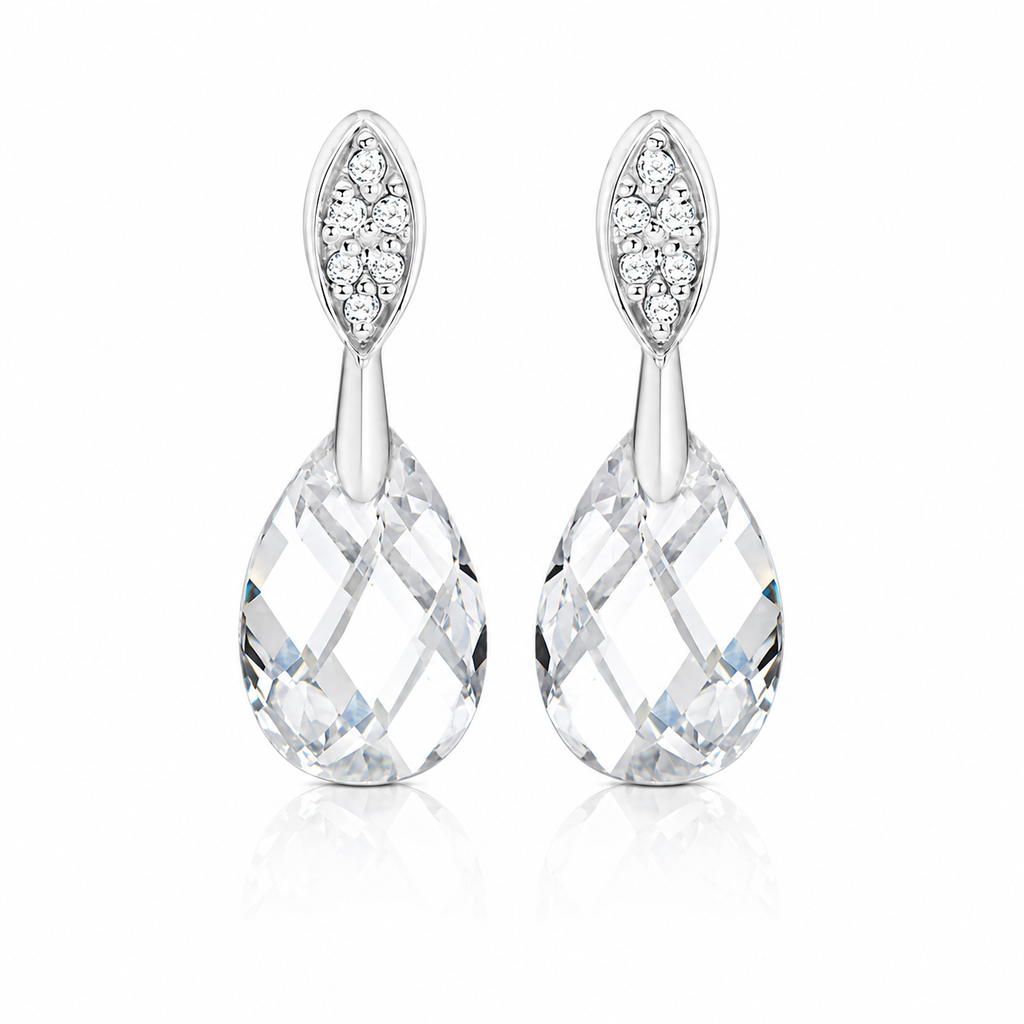 A pair of silver-tone teardrop dangle earrings with marquise-shaped top sections set with small clear stones, hanging from silver posts with large faceted clear teardrop gemstones below, shown on a white background with a soft reflection.