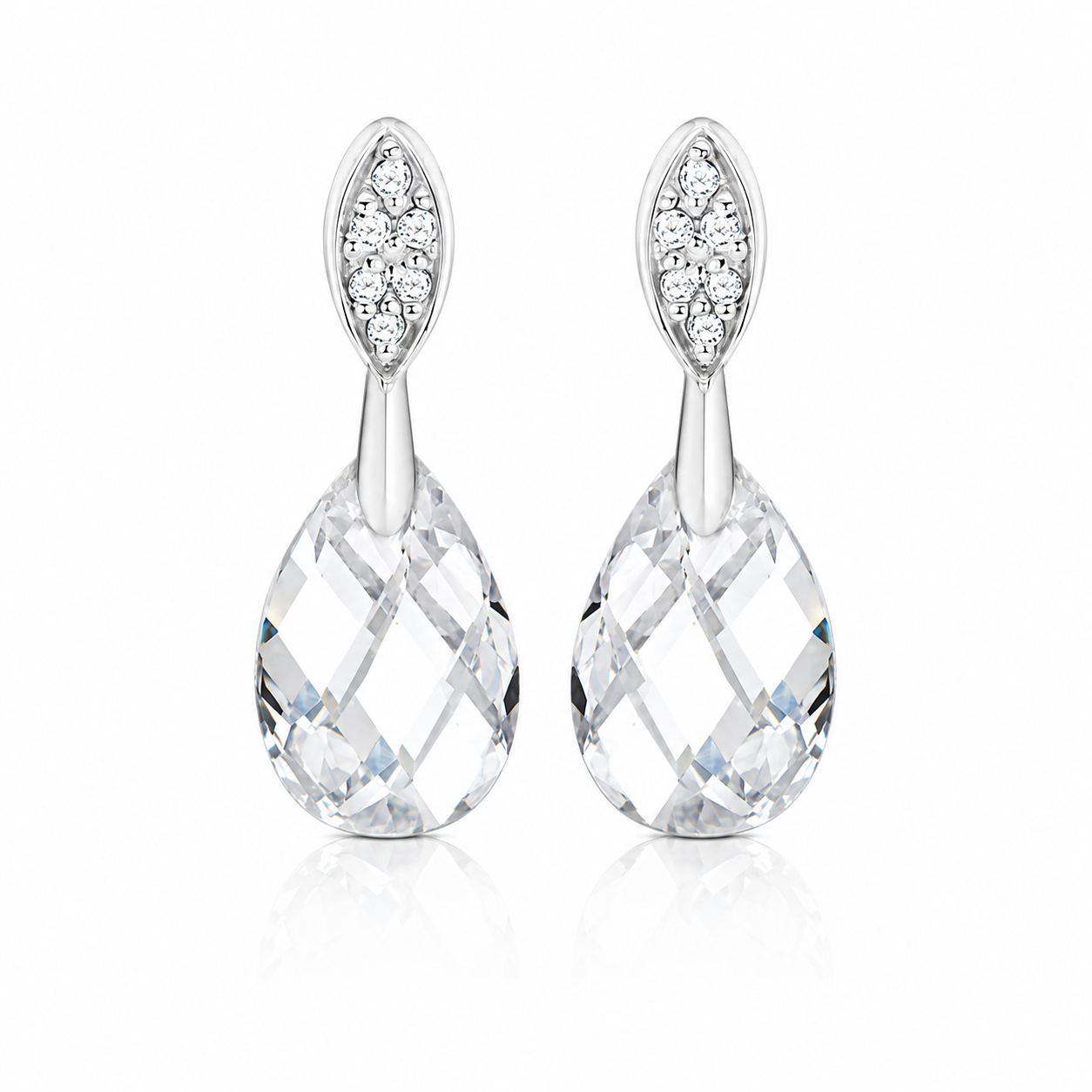 A pair of silver-tone teardrop dangle earrings with marquise-shaped top sections set with small clear stones, hanging from silver posts with large faceted clear teardrop gemstones below, shown on a white background with a soft reflection.