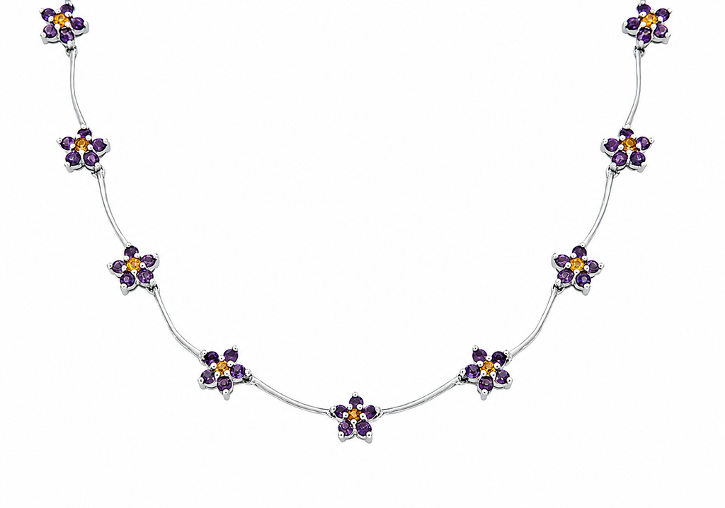 9ct White Gold Amethyst & Citrine Floral Necklet