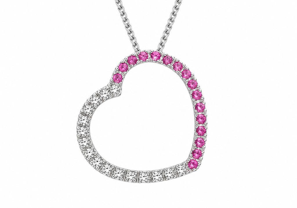 9ct White Gold 0.25ct Diamond & Pink Sapphire Contour Heart Slider Pendant