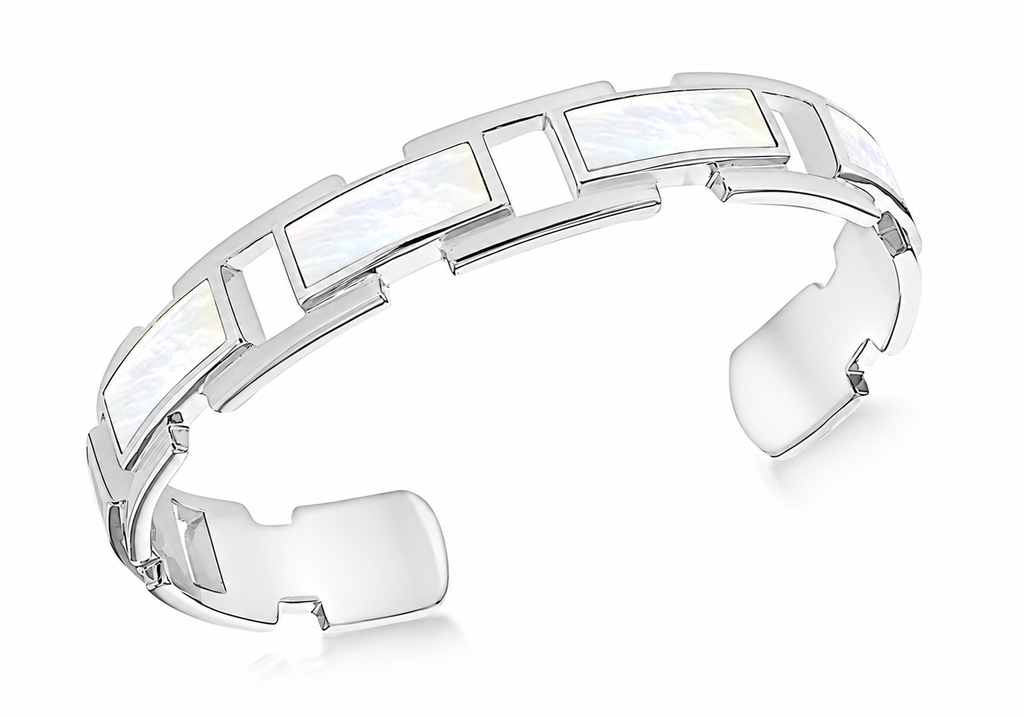 Sterling Silver Mother of Pearl Geometric Cuff Bangle