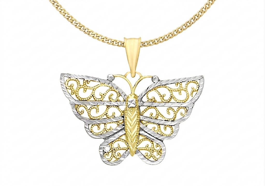 9ct Two-Tone Gold Filigree Butterfly Pendant