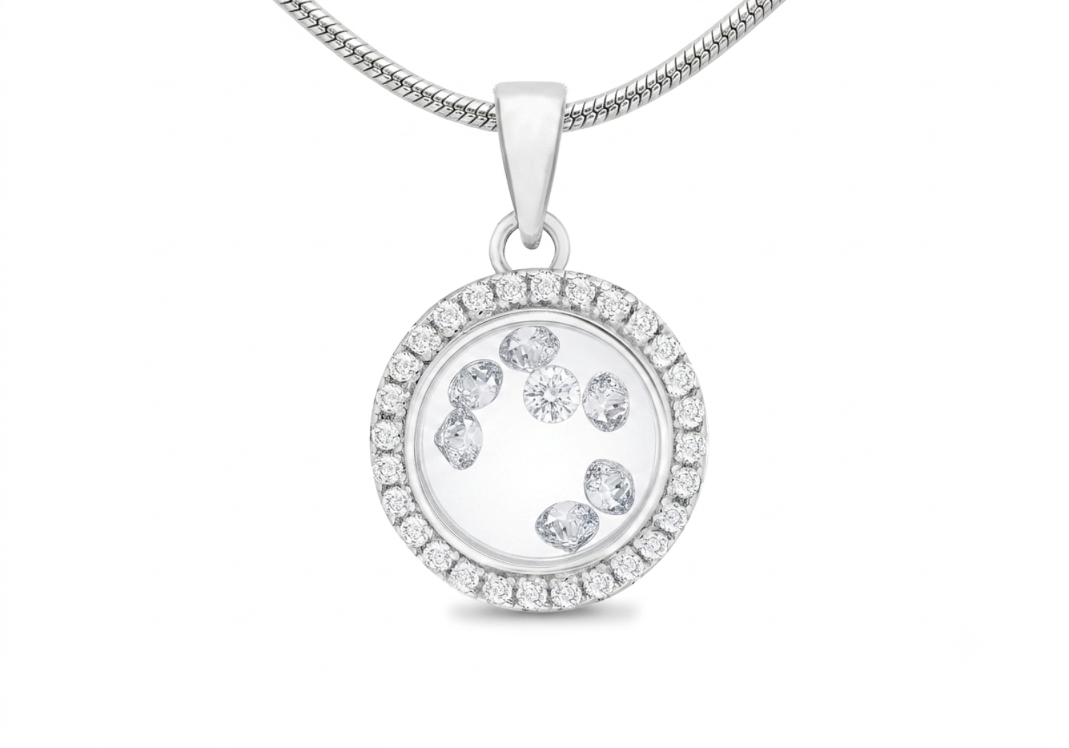 Sterling Silver Round Floating Zirconia Stones Pendant