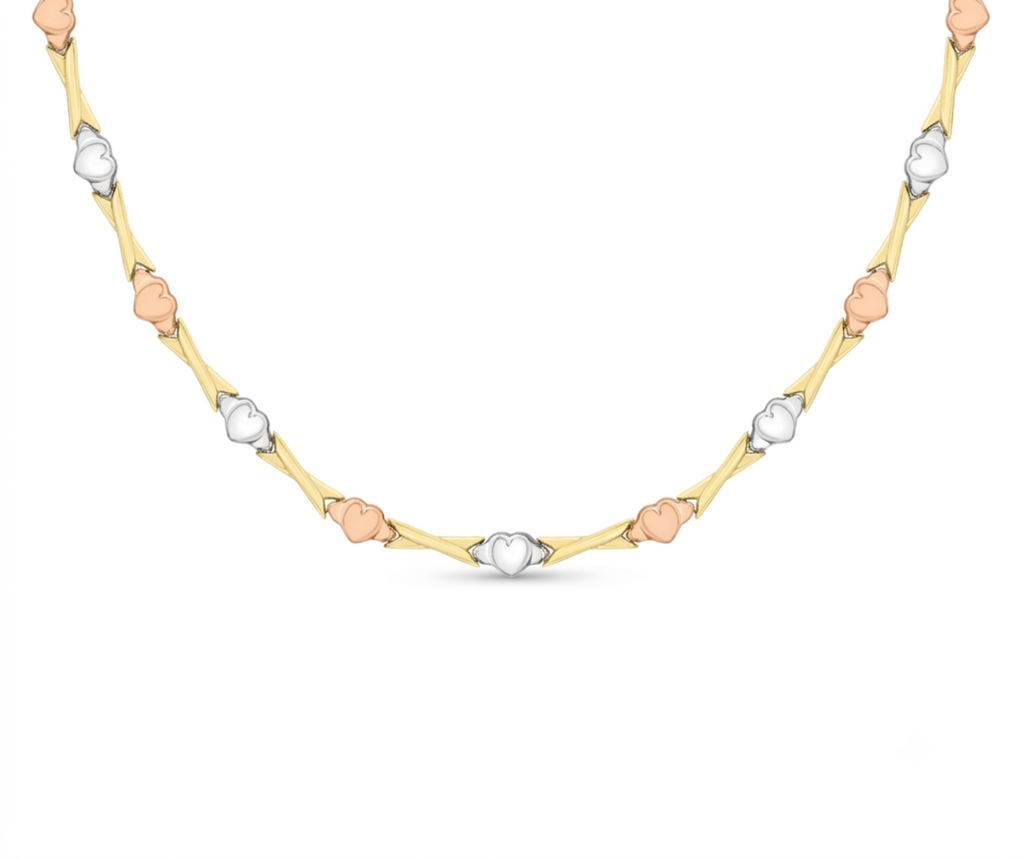 9ct 3-Tone Gold Hearts & Kisses Station Necklace