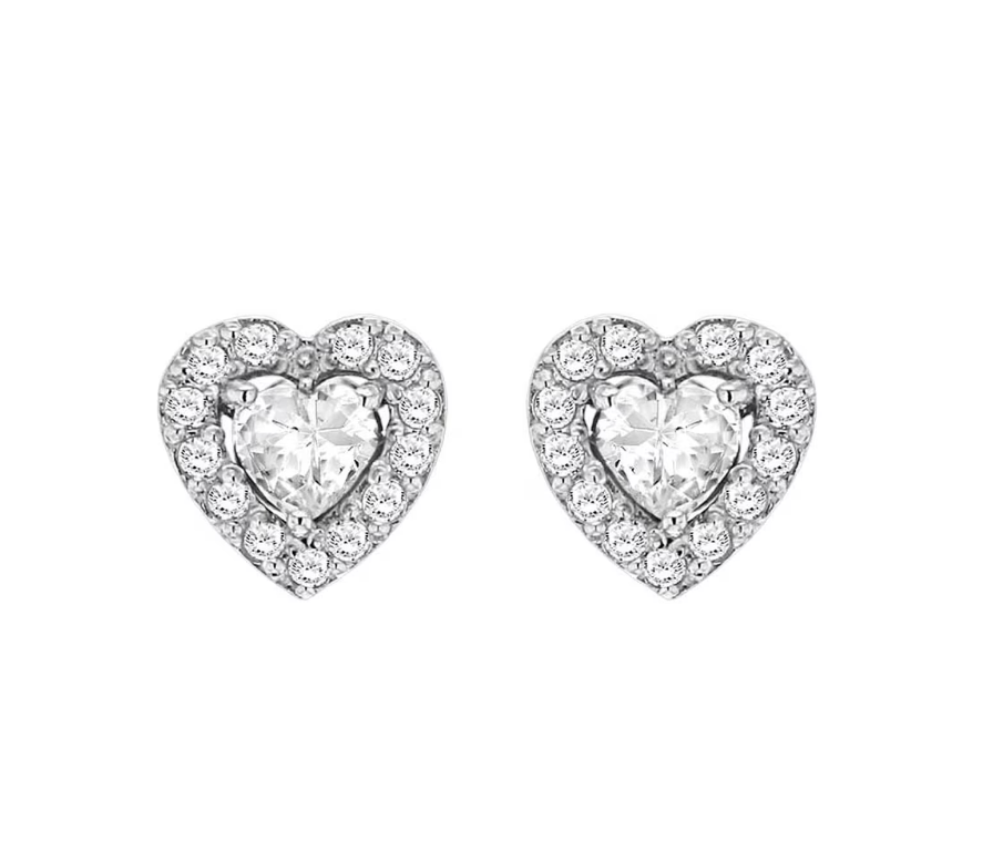 Sterling Silver White Zirconia Heart Stud Earrings