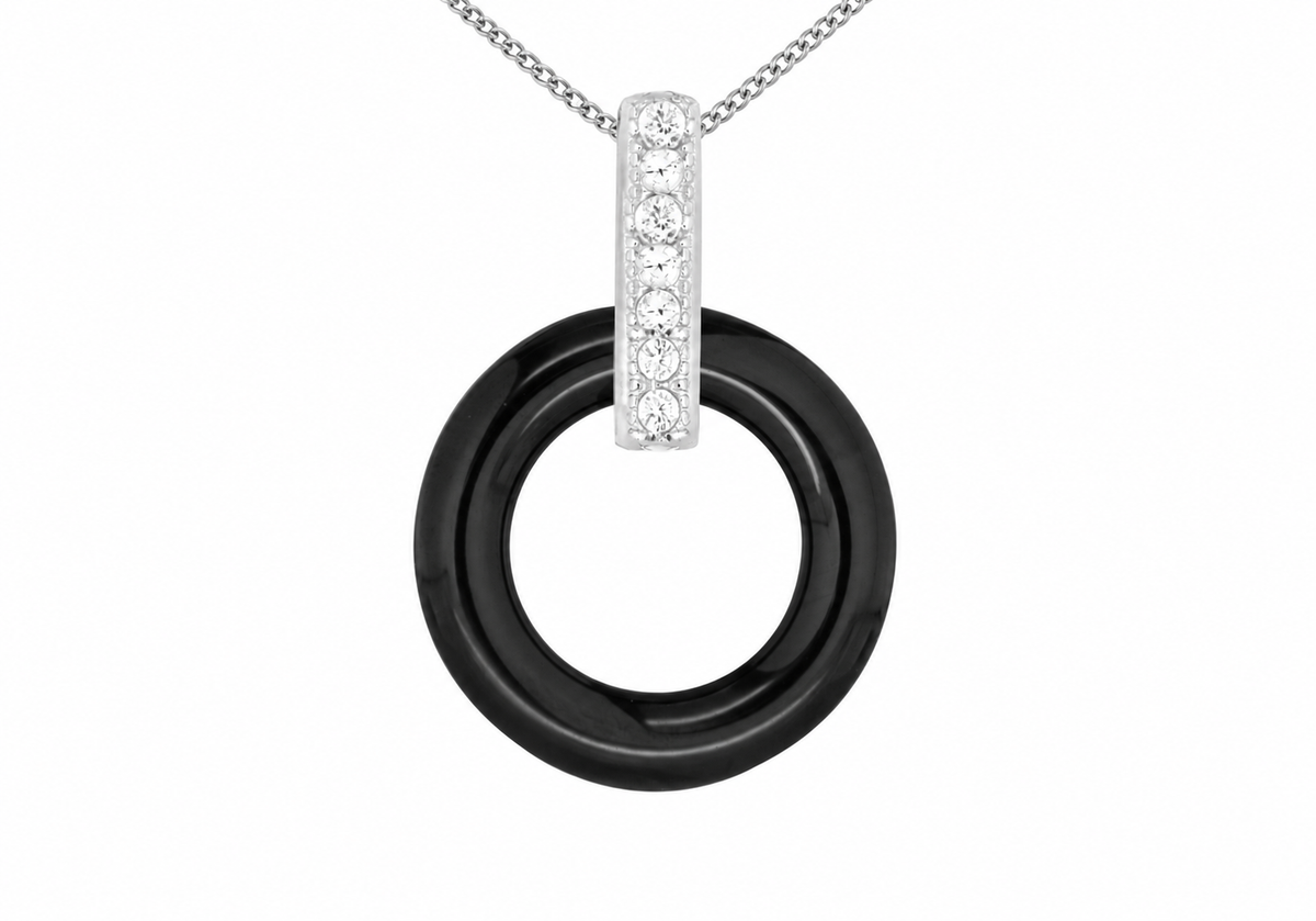 Sterling Silver Black Ceramic & White Zirconia Open Circle Pendant