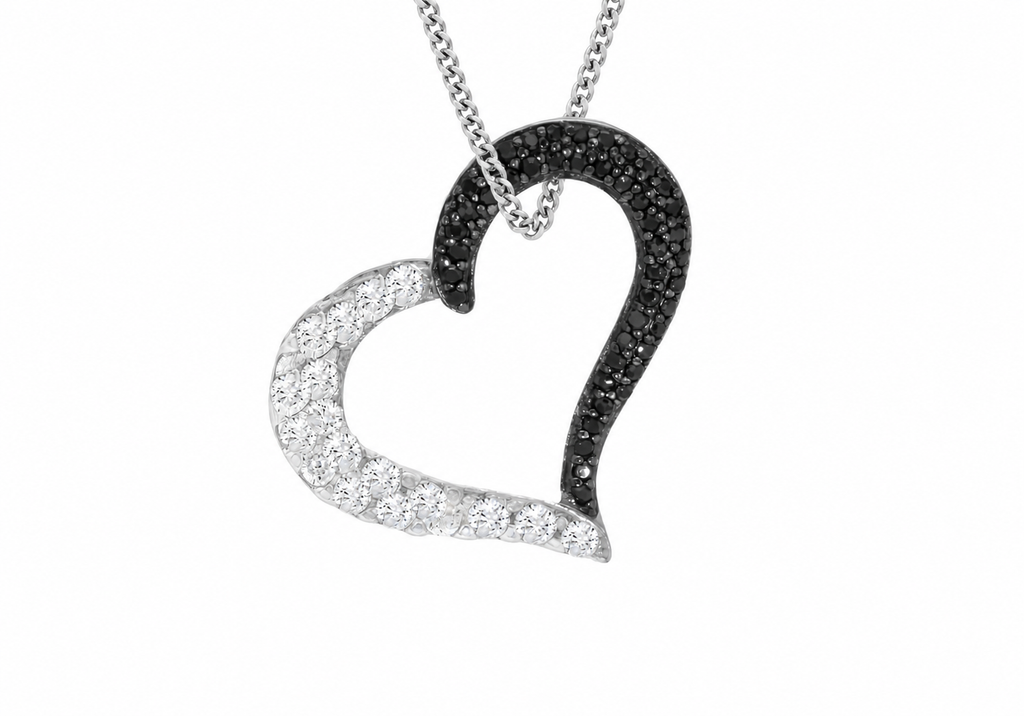 Sterling Silver Black & White Zirconia Open Heart Pendant Necklace