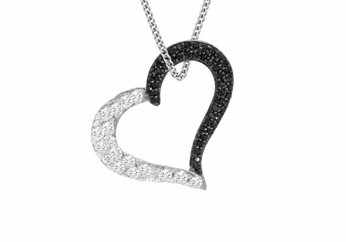 Sterling Silver Black & White Zirconia Open Heart Pendant Necklace