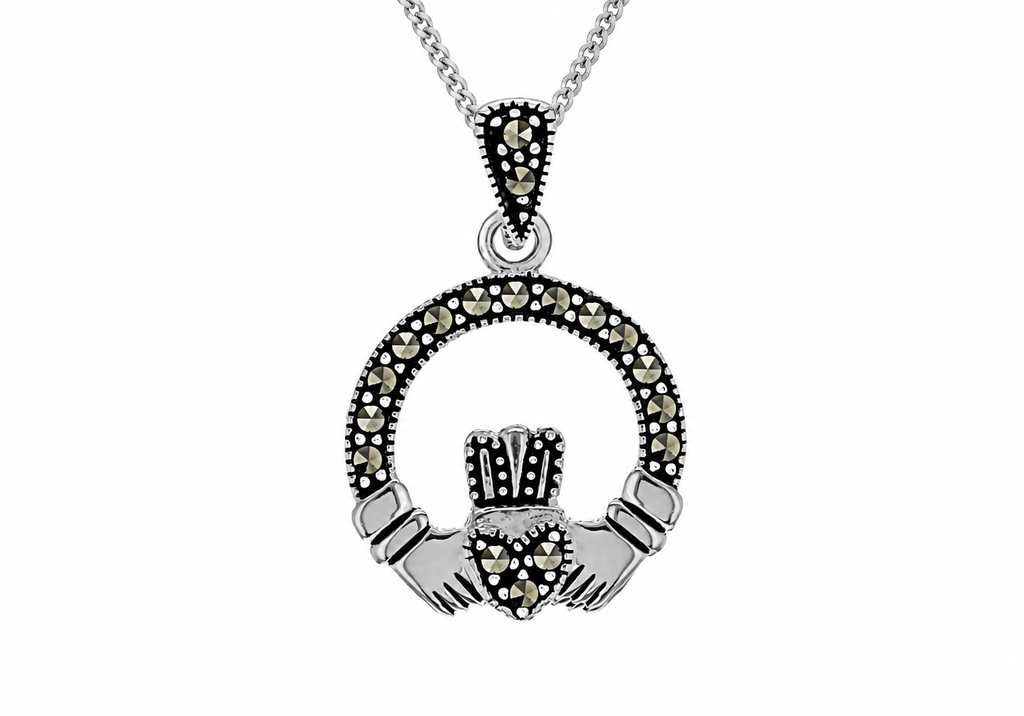 Sterling Silver Marcasite Gemstone Claddagh Pendant