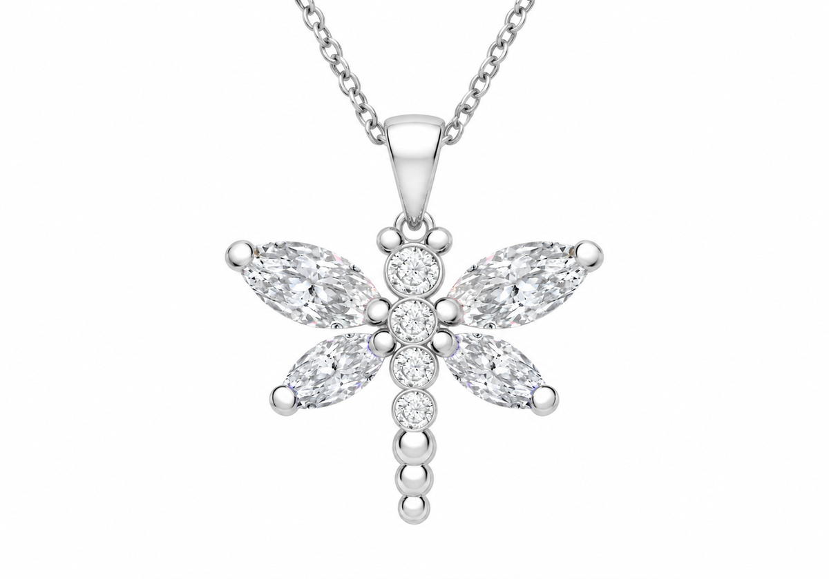 Sterling Silver Marquise & Round Zirconia Dragonfly Pendant