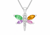 A silver dragonfly pendant necklace featuring four marquise-cut gemstones in green, orange, pink, and purple, with a central column of clear round-cut stones, shown on a white background.