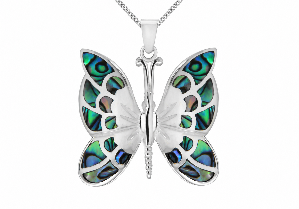 Sterling Silver Paua Shell Openwork Butterfly Pendant