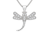 A silver dragonfly pendant necklace paved with small clear stones, hanging from a silver curb chain against a light gray background.