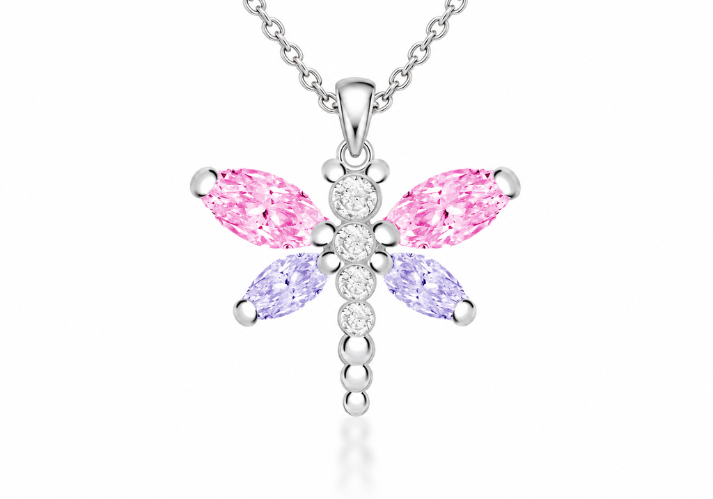 A silver dragonfly pendant necklace featuring marquise-cut pink and lavender gemstones with a central cluster of clear round stones, shown on a white background.