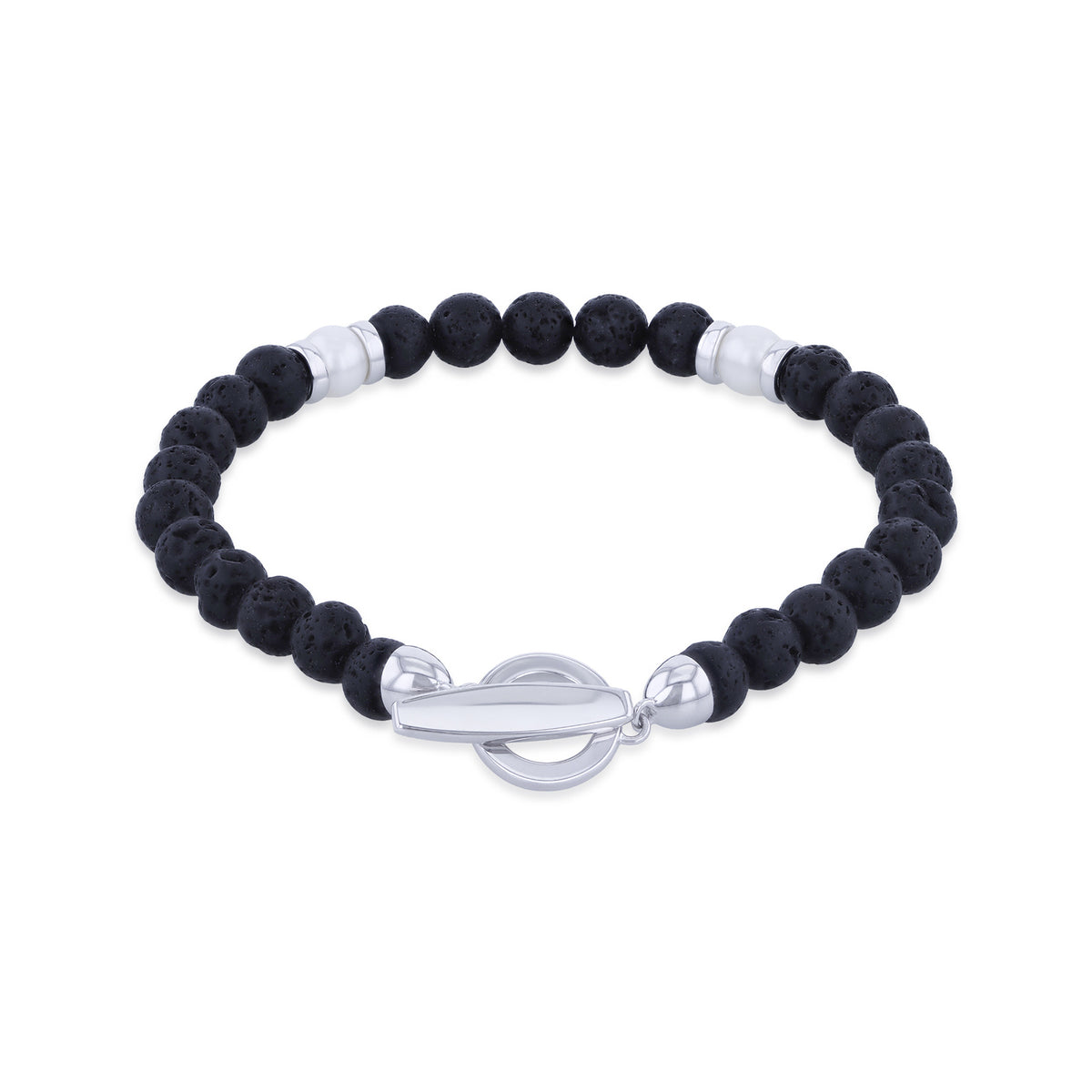 A beaded stretch bracelet featuring textured black lava stones and polished silver metal accents, including a toggle clasp, displayed on a clean white background.
