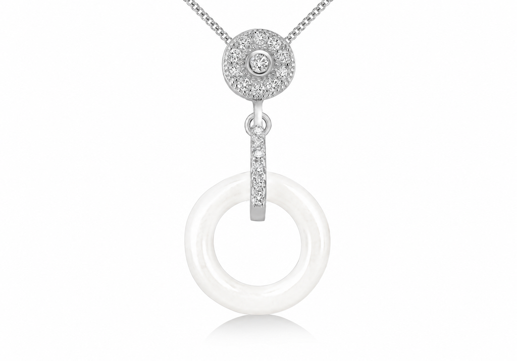 Sterling Silver Rhodium-Plated White Ceramic & Zirconia Halo Drop Pendant