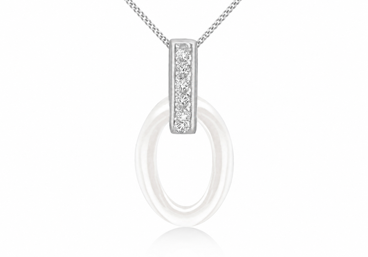 Sterling Silver Rhodium Plated Oval White Ceramic Zirconia Set Pendant