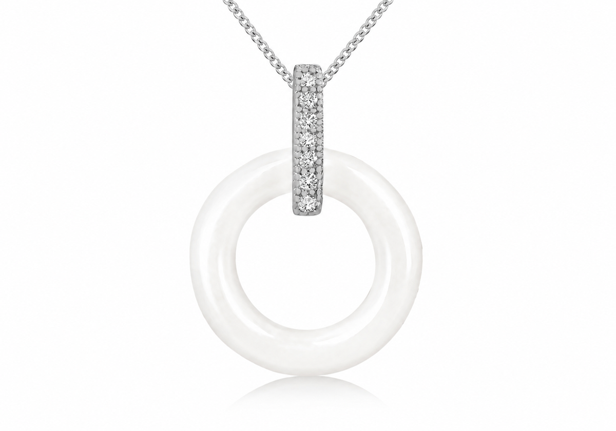 Sterling Silver Rhodium Plated White Ceramic Zirconia  Set Pendant
